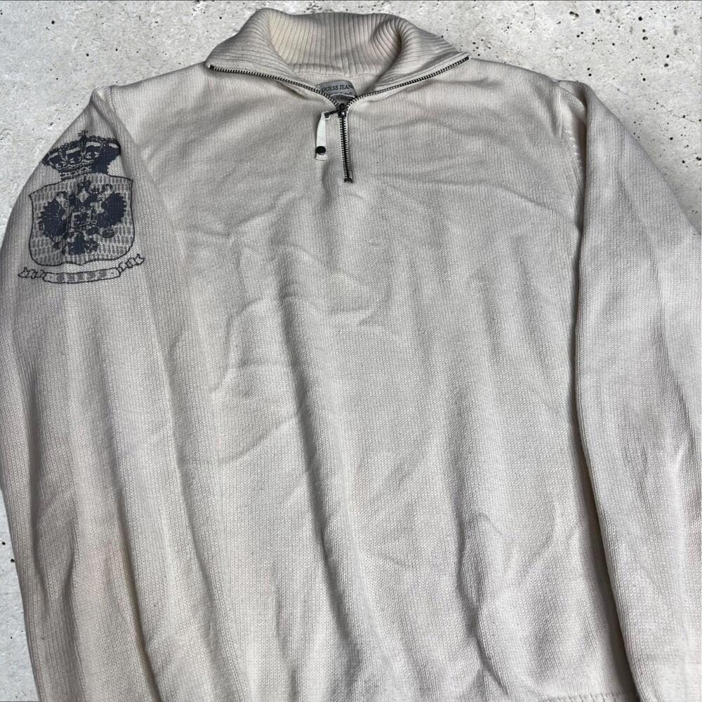 Y2K Guess‎ Knit 1/4 Zip Pullover Sweater Cream White Women’s Size XL